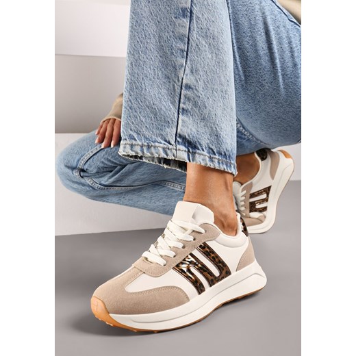 Beżowo-Brązowe Sznurowane Sneakersy na Płaskiej Podeszwie Ozdobione Paskami Nevlaia ze sklepu renee.pl w kategorii Buty sportowe damskie - zdjęcie 174612283