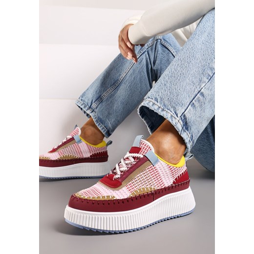 Bordowe Sneakersy na Platformie Wykończone Przeszyciami Terionna ze sklepu renee.pl w kategorii Buty sportowe damskie - zdjęcie 174612361