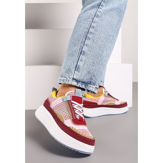 Bordowe Sneakersy na Grubej Podeszwie Ozdobione Przeszyciami Terilira ze sklepu born2be.pl w kategorii Buty sportowe damskie - zdjęcie 174613293