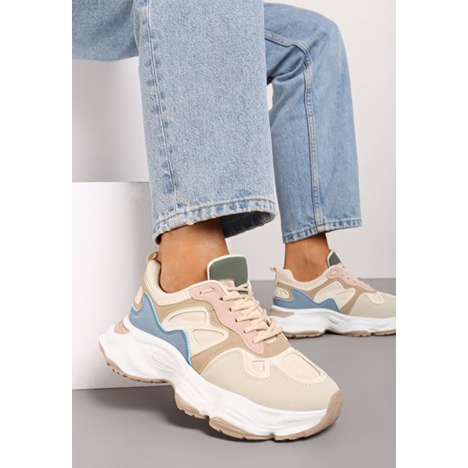 Beżowo-Niebieskie Sneakersy na Grubej Podeszwie z Geometrycznym Wzorem Mevanira ze sklepu born2be.pl w kategorii Buty sportowe damskie - zdjęcie 174632503