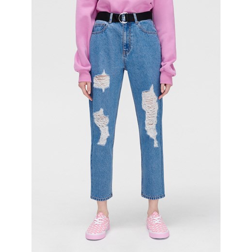 Cropp - Niebieskie mom jeans z paskiem - niebieski Cropp 42 wyprzedaż Cropp
