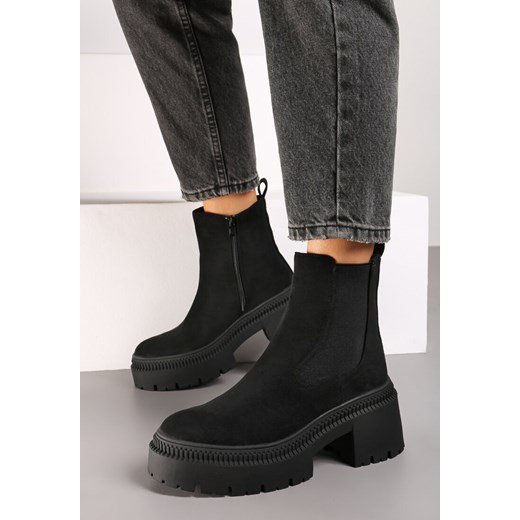 Czarne Botki na Platformie i Obcasie Sztyblety w Stylu Grunge z Elastyczną 38 born2be.pl okazja
