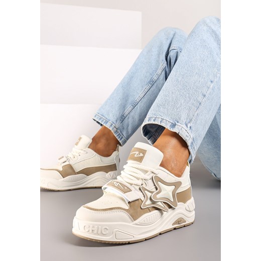 Ciemnobeżowe Sneakersy na Grubej podeszwie z Zapięciem na Rzep i Aplikacją na Boku Arforina ze sklepu born2be.pl w kategorii Buty sportowe damskie - zdjęcie 174650110