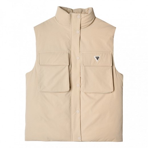 Damski bezrękawnik puchowy Guess Aurlie SL Puffer Overshirt - beżowy ze sklepu Sportstylestory.com w kategorii Kamizelki damskie - zdjęcie 174652052