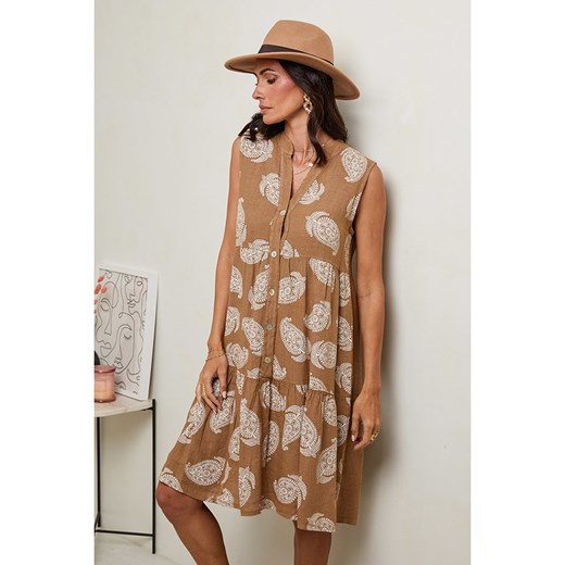 Sukienka Le Monde Du Lin casualowa w abstrakcyjnym wzorze rozkloszowana lniana mini 