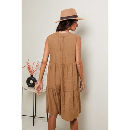 Sukienka Le Monde Du Lin rozkloszowana w abstrakcyjnym wzorze bez rękawów lniana mini 