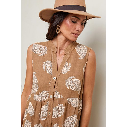 Brązowa sukienka Le Monde Du Lin w abstrakcyjnym wzorze mini rozkloszowana lniana 