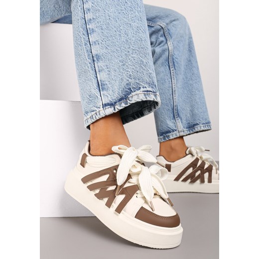 Brązowe Sznurowane Sneakersy na Platformie Ozdobione Paskami Lerinique ze sklepu renee.pl w kategorii Buty sportowe damskie - zdjęcie 174668432