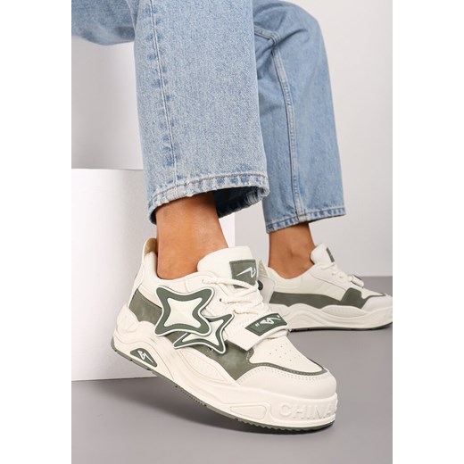 Beżowo-Zielone Sneakersy na Grubej podeszwie z Zapięciem na Rzep i Aplikacją na Boku Arforina ze sklepu born2be.pl w kategorii Buty sportowe damskie - zdjęcie 174669203