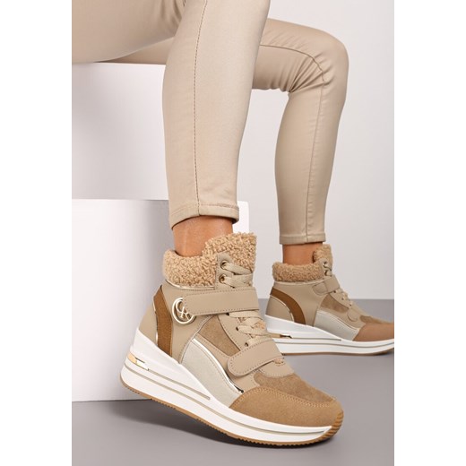 Ciemnobeżowe Sneakersy na Koturnie z Metalicznymi Wstawkami i Sztucznym Futerkiem Lerilanes ze sklepu renee.pl w kategorii Buty sportowe damskie - zdjęcie 174692111
