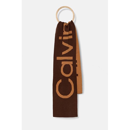 Calvin Klein szalik wełniany kolor brązowy wzorzysty K60K612605 ze sklepu ANSWEAR.com w kategorii Szaliki i chusty damskie - zdjęcie 174703380