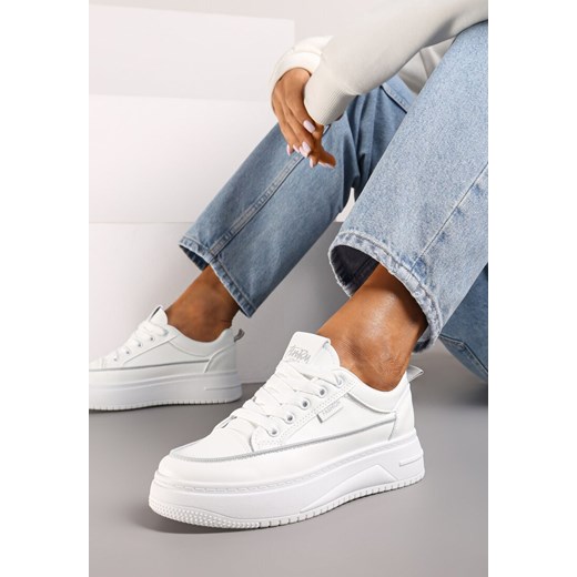 Biało-Szare Sneakersy na Platformie z Tłoczeniem i Sznurowaniem Erisandria ze sklepu renee.pl w kategorii Buty sportowe damskie - zdjęcie 174705392