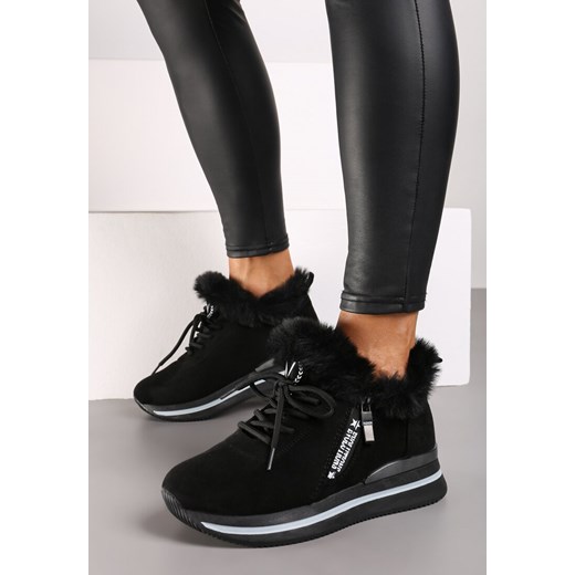 Czarne Sneakersy na Płaskiej Podeszwie z Napisem i Futerkiem Taricea ze sklepu renee.pl w kategorii Buty sportowe damskie - zdjęcie 174720444