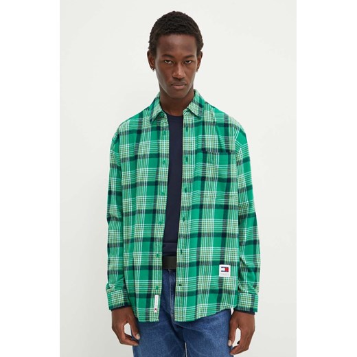 Tommy Jeans koszula bawełniana męska kolor zielony relaxed z kołnierzykiem klasycznym DM0DM19532 ze sklepu ANSWEAR.com w kategorii Koszule męskie - zdjęcie 174722940
