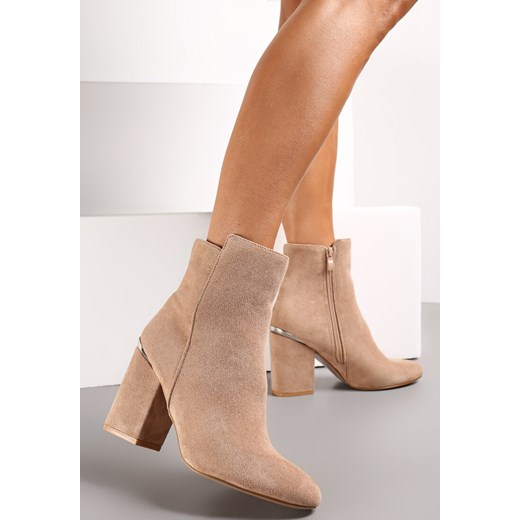 Ciemnobeżowe Botki na Obcasie z Imitacji Zamszu Giorgina - id: W7-AX8803-01-85-KHAKI - marki Renee - 174736071 Ciemnobeżowe Botki na Obcasie z Imitacji Zamszu Giorgina ze sklepu renee.pl w kategorii Botki - zdjęcie 174736071