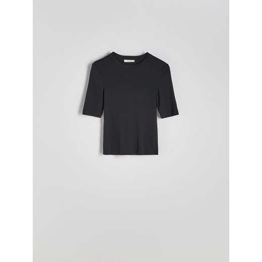 Reserved - Prążkowany t-shirt z bawełnianej dzianiny - czarny Reserved M Reserved