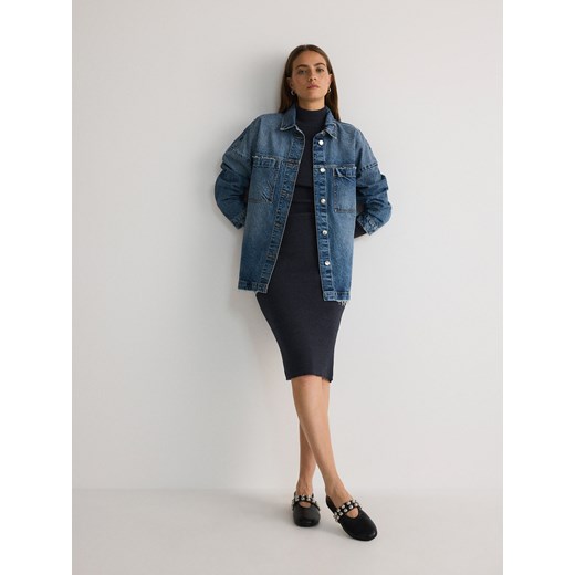 Reserved - Prążkowana sukienka midi z półgolfem - granatowy Reserved XL Reserved