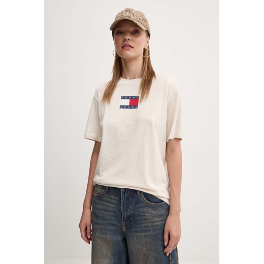 Tommy Jeans t-shirt bawełniany damski kolor beżowy DW0DW18796 ze sklepu ANSWEAR.com w kategorii Bluzki damskie - zdjęcie 174780081