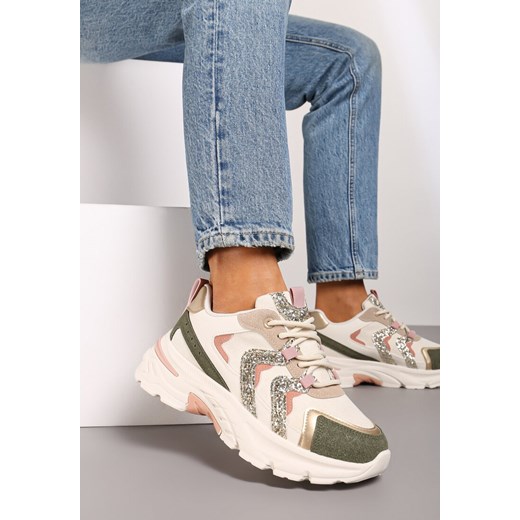Beżowo-Zielone Sneakersy na Grubej Podeszwie z Brokatowymi Wstawkami Sairiel ze sklepu born2be.pl w kategorii Buty sportowe damskie - zdjęcie 174782273