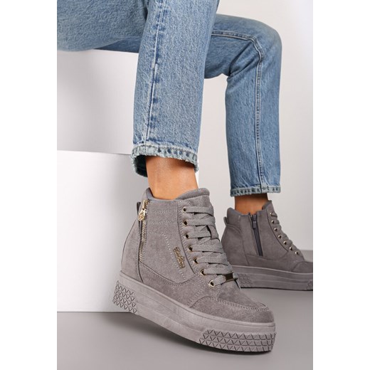 Szare Sneakersy na Koturnie z Metalicznymi Detalami i Dodatkowym Suwakiem Dailise ze sklepu renee.pl w kategorii Buty sportowe damskie - zdjęcie 174796620