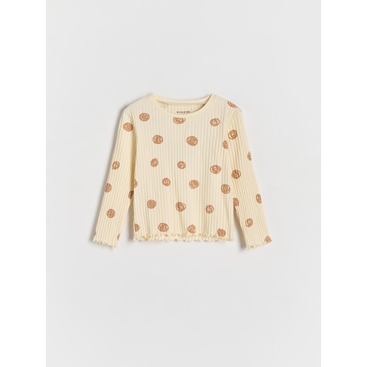 Reserved - Bawełniana koszulka w prążek - beżowy ze sklepu Reserved w kategorii Bluzki dziewczęce - zdjęcie 174804683