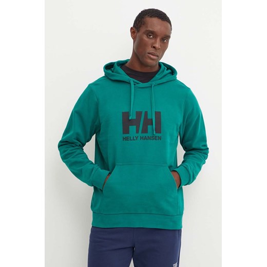 Helly Hansen bluza bawełniana HH LOGO męska kolor zielony z kapturem z nadrukiem 30394 ze sklepu ANSWEAR.com w kategorii Bluzy męskie - zdjęcie 174809001