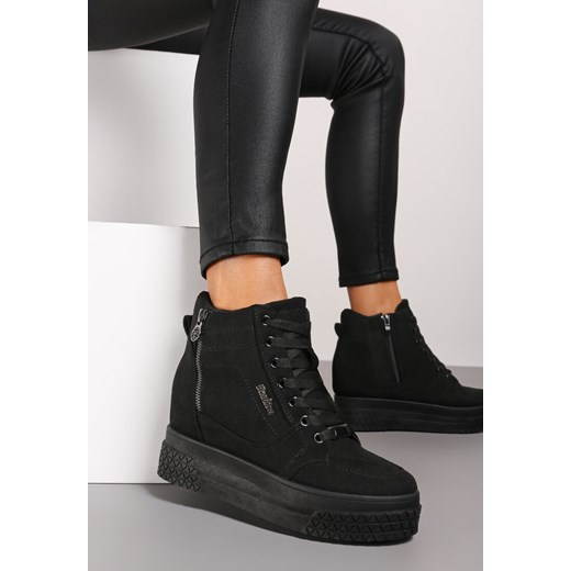 Czarne Sneakersy na Ukrytym Koturnie z Metalicznymi Wstawkami i Ozdobnym Suwakiem Daimana ze sklepu born2be.pl w kategorii Buty sportowe damskie - zdjęcie 174812360