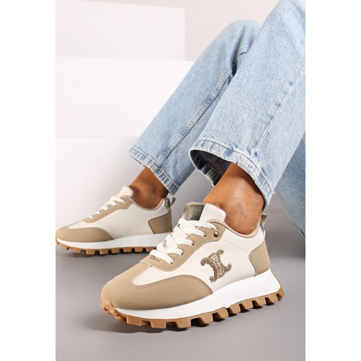 Ciemnobeżowe Sznurowane Sneakersy na Płaskiej Podeszwie Ozdobione Metalicznymi Renee 39 promocja renee.pl