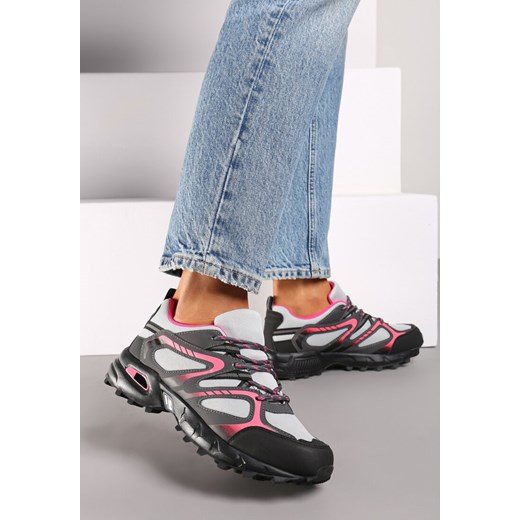 Szaro-Fuksjowe Płaskie Sznurowane Buty Sportowe Sneakersy Ozdobione Tłoczeniem 36 promocja born2be.pl