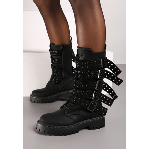 Czarne Botki Workery w Stylu Biker z Licznymi Paskami z Klamrami Nirilora 41 born2be.pl