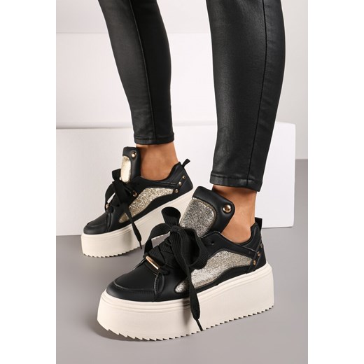Czarne Sneakersy na Grubej Podeszwie z Metalicznymi Wstawkami i Nitami Azirra ze sklepu born2be.pl w kategorii Buty sportowe damskie - zdjęcie 174823233