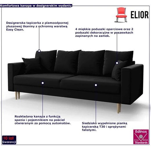 Czarna sofa rozkładana - Diamante Elior One Size okazja Edinos.pl