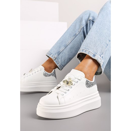 Biało-Srebrne Sneakersy na Platformie z Ozdobami na Sznurówkach i Brokatem Sezirra ze sklepu renee.pl w kategorii Buty sportowe damskie - zdjęcie 174824601