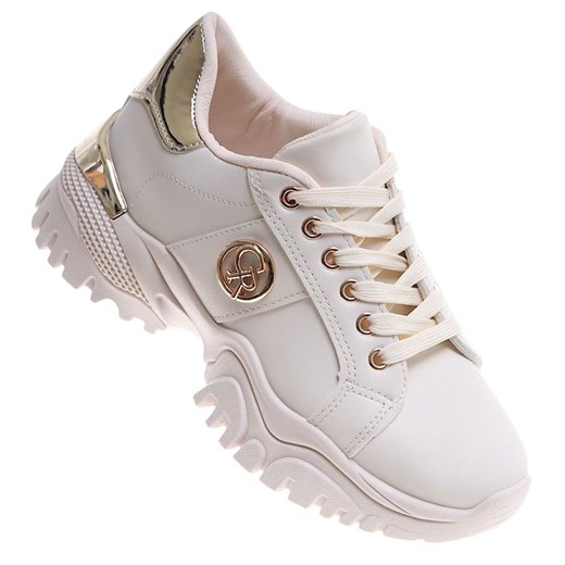 Sznurowane beżowe buty sportowe na platformie /E5-1 16775 G287/ 37 Pantofelek24.pl
