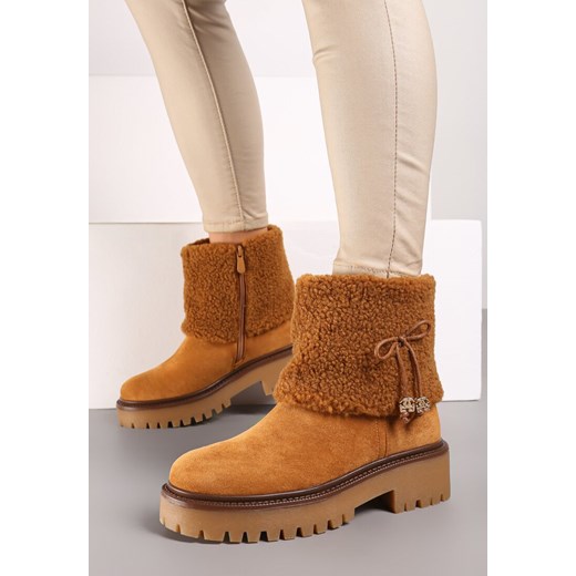 Brązowe Futerkowe Botki na Grubej Podeszwie z Cholewką Imitującą Nogawkę z Renee 40 okazja renee.pl