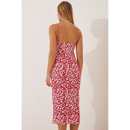 Sukienka Happiness Istanbul na ramiączkach z dekoltem v midi w abstrakcyjnym wzorze 