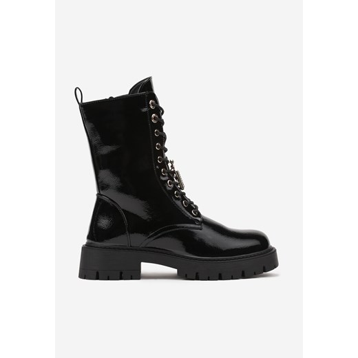 Czarne Botki Workery Lakierowane na Platformie z Aplikacją na Sznurówkach Renee 38 renee.pl
