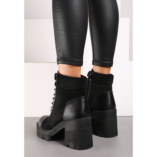 Czarne Botki na Słupku i Platformie z Ozdobnym Wstawkami Ezisha 39 promocyjna cena born2be.pl
