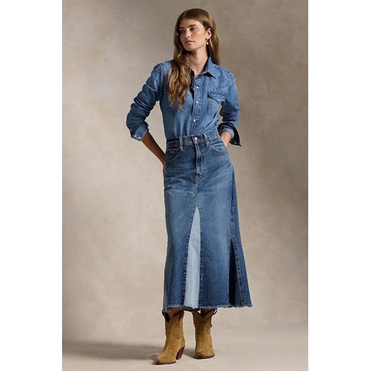 Polo Ralph Lauren spódnica jeansowa bawełniana kolor niebieski midi rozkloszowana 211940712 ze sklepu ANSWEAR.com w kategorii Spódnice - zdjęcie 174858861