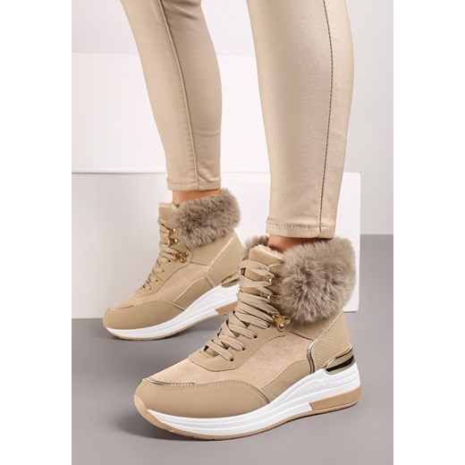 Ciemnobeżowe Futerkowe Sneakersy na Koturnie z Metalicznymi Wstawkami Kaithrin ze sklepu renee.pl w kategorii Buty sportowe damskie - zdjęcie 174862460