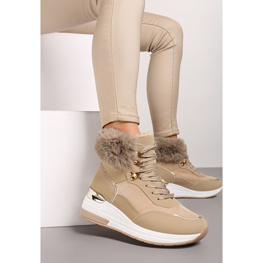 Ciemnobeżowe Futerkowe Sneakersy na Koturnie z Metalicznymi Wstawkami Kaithrin Renee 39 okazja renee.pl
