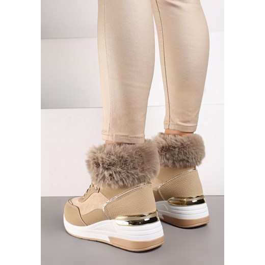 Ciemnobeżowe Futerkowe Sneakersy na Koturnie z Metalicznymi Wstawkami Kaithrin Renee 41 wyprzedaż renee.pl