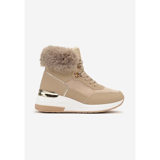 Ciemnobeżowe Futerkowe Sneakersy na Koturnie z Metalicznymi Wstawkami Kaithrin Renee 36 okazja renee.pl