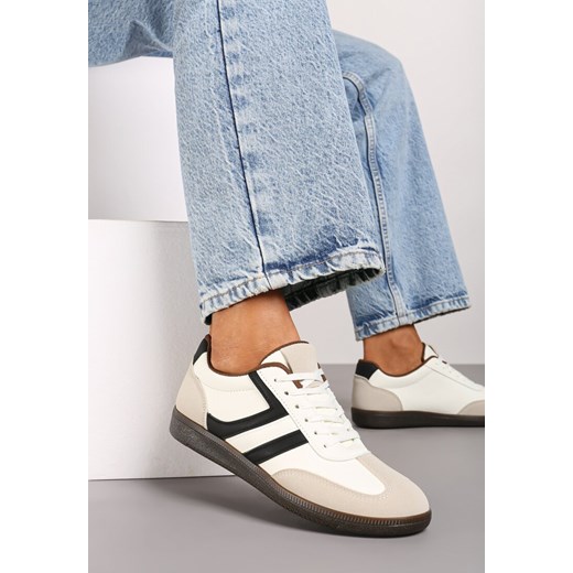 Beżowe Stylowe Sneakersy na Płaskiej Podeszwie z Geometrycznymi Przeszyciami Rialine ze sklepu born2be.pl w kategorii Buty sportowe damskie - zdjęcie 174863033