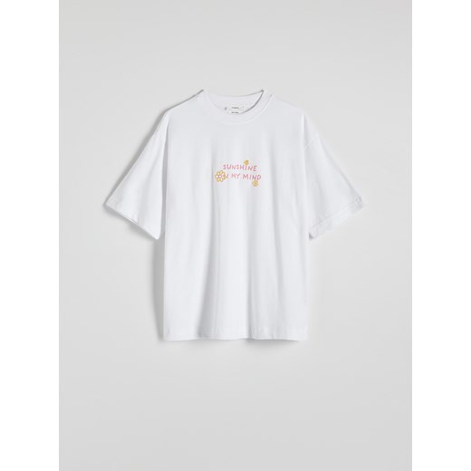 Reserved - T-shirt oversize z nadrukiem - złamana biel Reserved L Reserved