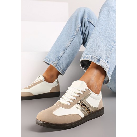 Ciemnobeżowe Stylowe Sneakersy na Płaskiej Podeszwie z Geometrycznymi Przeszyciami Rialine ze sklepu born2be.pl w kategorii Buty sportowe damskie - zdjęcie 174875783