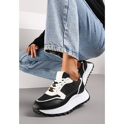 Czarne Sneakersy na Platformie z Ozdobną Wstawką na Sznurowadłach Amirora ze sklepu renee.pl w kategorii Buty sportowe damskie - zdjęcie 174877903