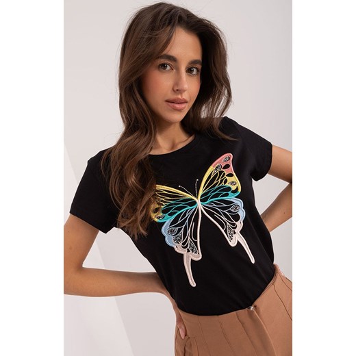 Czarny t-shirt damski z motylem RV-TS-9637.39, Kolor czarny-wzór, Rozmiar S/M, BASIC FEEL GOOD ze sklepu Primodo w kategorii Bluzki damskie - zdjęcie 174890161