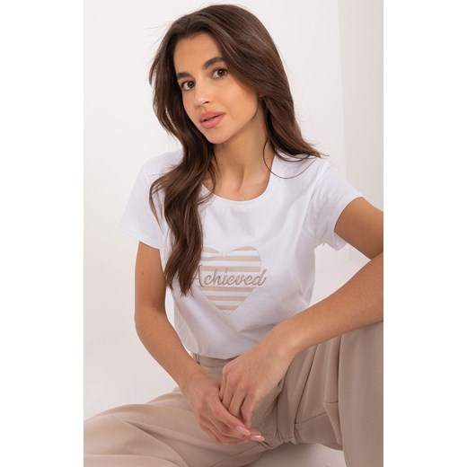 T-shirt damski z nadrukiem biało-beżowy RV-TS-9667.19, Kolor biało-beżowy, Rozmiar S/M, BASIC FEEL GOOD ze sklepu Primodo w kategorii Bluzki damskie - zdjęcie 174890173