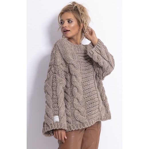 Sweter z wełną w kolorze mocca CHUNKY KNIT F780, Kolor mocca, Rozmiar S/M, Fobya ze sklepu Primodo w kategorii Swetry damskie - zdjęcie 174891911